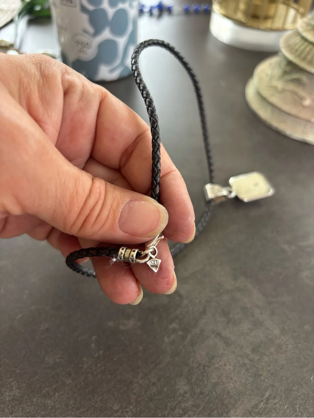 Silpada Silver Pendant Necklace with Black Center Stone on Brown Cord